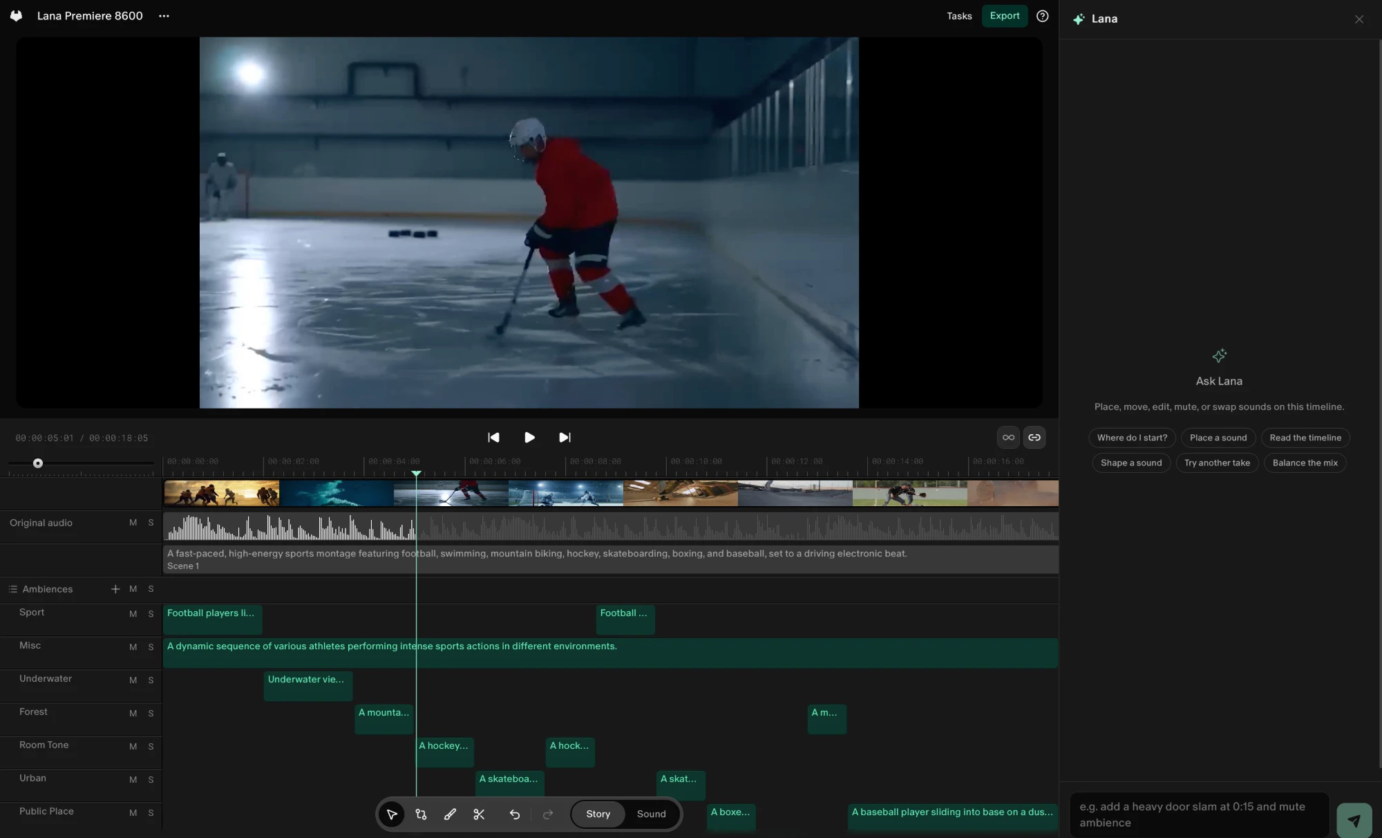Lana for Mac: a sports montage on the timeline, its sounds placed on their tracks, and Lana's chat open beside it.