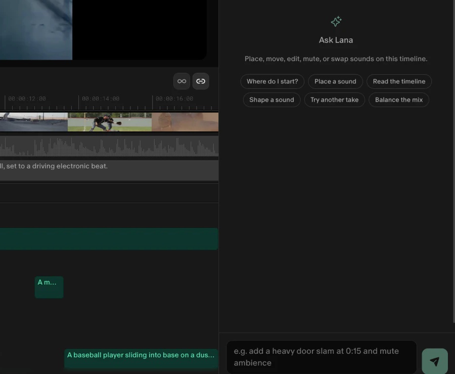 Lana's chat in the app, offering to place a sound, read the timeline or balance the mix.