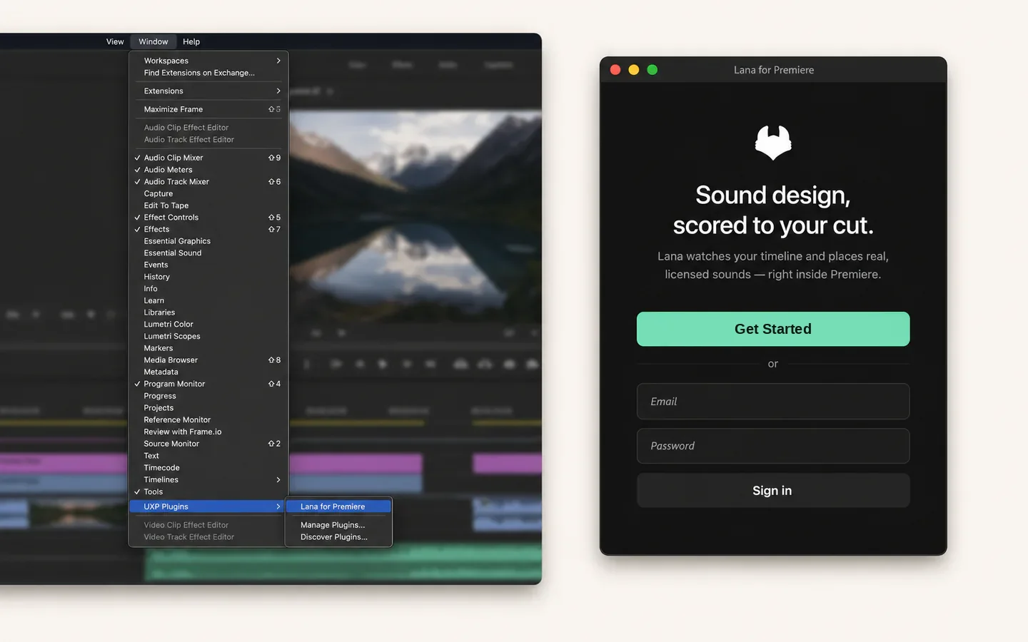Minimal launch flow showing UXP Plugins menu and Lana sign-in panel